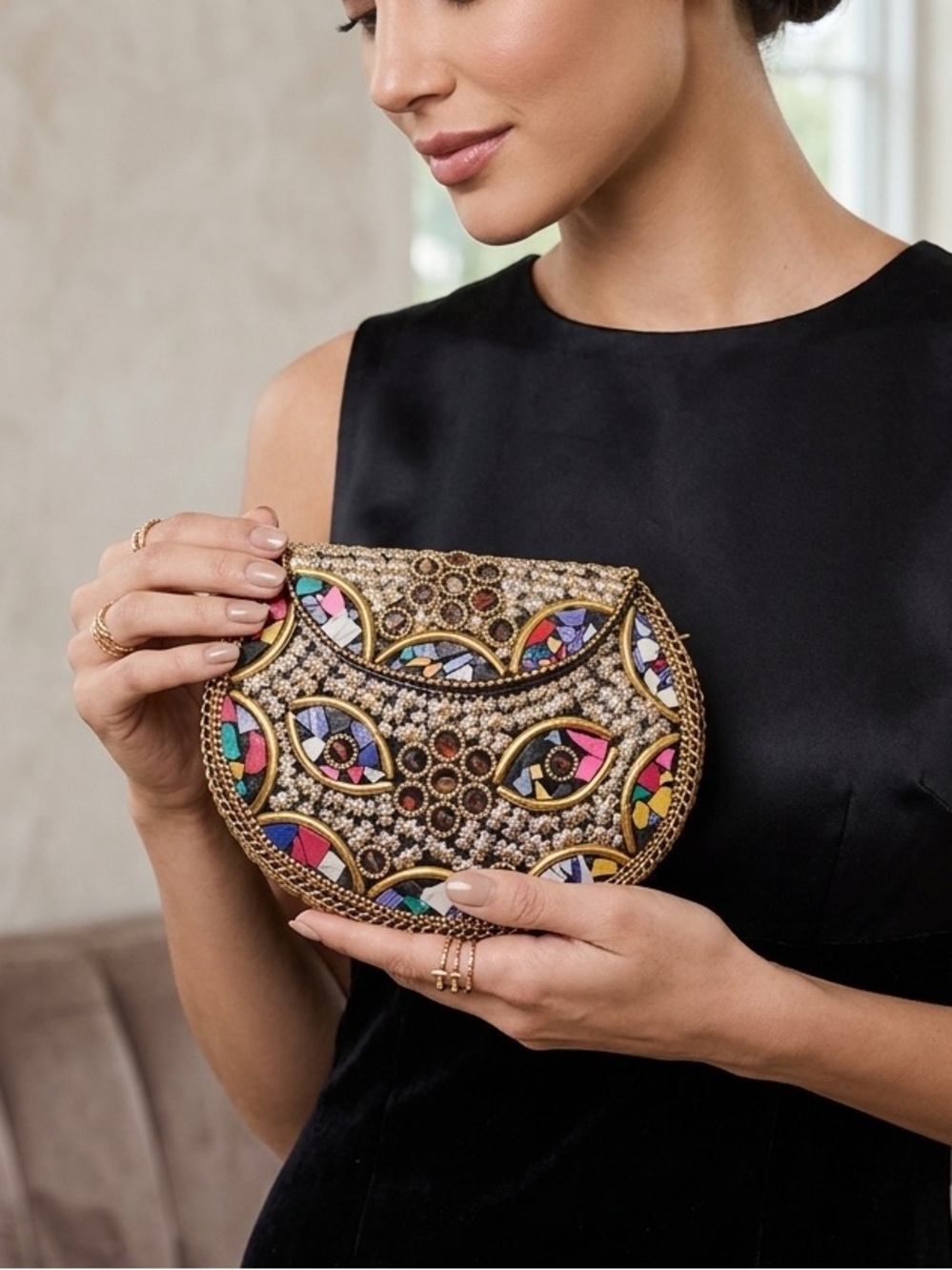 RAMLA Rio Mosaic Handmade in Morocco Gold Multi Studded Clutch Shoulder Bag